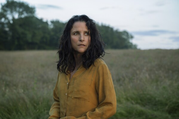 This image released by A24 shows Julia Louis-Dreyfus in a scene from "Tuesday." (Kevin Baker/A24 via AP)