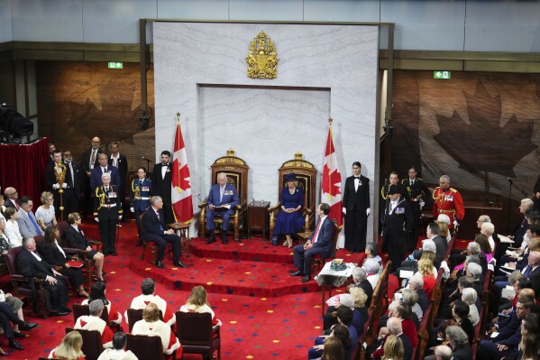 King Charles delivers the speech from the throne in the Senate in Ottawa, Canada, on Tuesday, May 27, 2025. (Sean Kilpatrick/The Canadian Press via AP)