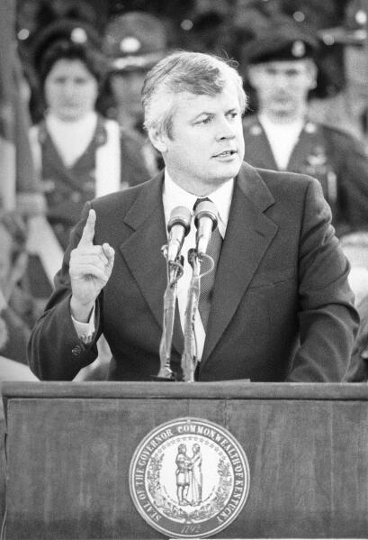 FILE - Kentucky Gov. John Y. Brown Jr. delivers his inaugural address during ceremonies in Frankfort, Ky., on Dec. 11, 1979. Brown Jr., who became Kentucky’s governor after building empires in business and sports, has died, his family said in a release Tuesday, Nov. 22, 2022. He was 88. (AP Photo/File)