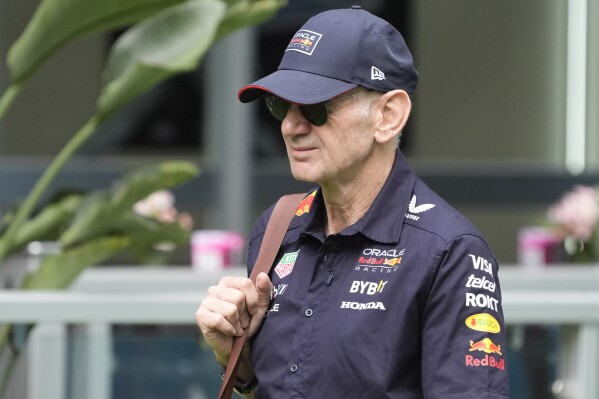 Adrian Newey, the chief technical officer for Red Bull arrives before the start of the Sprint race at the Formula One Miami Grand Prix auto race at the Miami International Autodrome, Saturday, May 4, 2024, in Miami Gardens, Fla. (AP Photo/Wilfredo Lee)