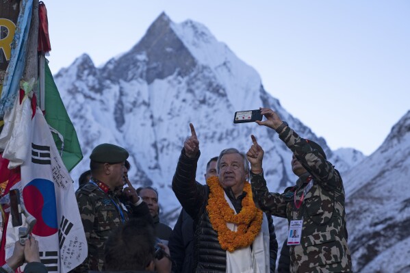 U.N. Secretary-General António Guterres visits Annapurna base camp, around 3,230 metres (10,600 feet) above sea level in Nepal, Tuesday, Oct. 31, 2023. (AP Photo/Yunish Gurung)