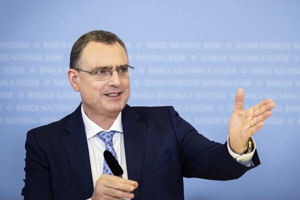 Swiss National Bank's (SNB) Chairman of the Governing Board, Thomas Jordan, gestures during a press briefing at the Swiss National Bank in Zurich, Switzerland, Thursday, March 21, 2024. (Michael Buholzer/Keystone via AP)
