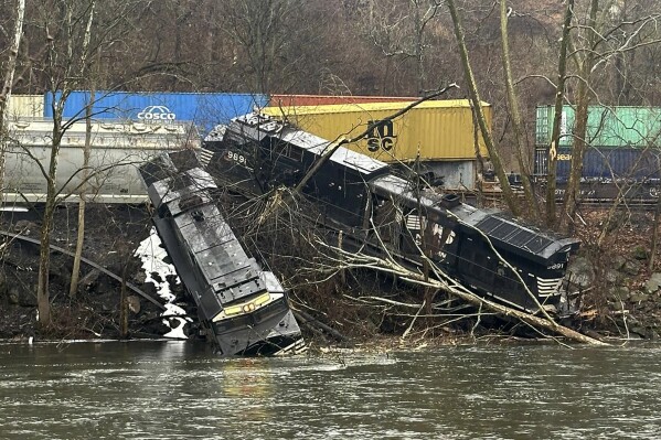 FILE - This photo provided by Nancy Run Fire Company shows a train derailment along a riverbank in Saucon Township, Pa., March 2, 2024. The collision highlights the shortcomings of the automated braking system that was created to prevent such crashes. None of the circumstances the National Transportation Safety Board described Tuesday, March 26, in its preliminary report on the derailment would have triggered the automated positive train control system to stop the trains. (Nancy Run Fire Company via AP, File)