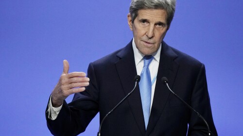 FILE - John Kerry, United States Special Presidential Envoy for Climate, speaks after a news conference given by China's Special Envoy for Climate Change Xie Zhenhua at the COP26 U.N. Climate Summit in Glasgow, Scotland, on Nov. 10, 2021. Kerry will travel to Beijing next week to discuss strategies for limiting global warming, amid a push by the world’s two largest economies to reengage on multiple issues following a sharp decline in contacts. he will arrive Sunday, July 16, 2023. (AP Photo/Alastair Grant, File)