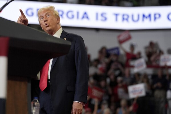 Republican presidential candidate former President Donald Trump speaks at a campaign rally at Georgia State University in Atlanta, Saturday, Aug. 3, 2024. (AP Photo/John Bazemore)