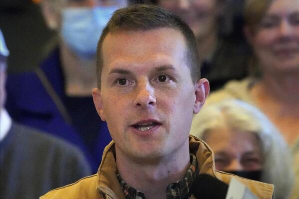 FILE - Rep. Jared Golden, D-Maine, speaks at a news conference on Nov. 1, 2022, at the State House in Augusta, Maine. Golden, who is seeking reelection, is being challenged by Republican Bruce Poliquin. (AP Photo/Robert F. Bukaty)