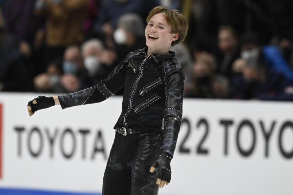 FILE - Ilia Malinin competes in the men's short program during the U.S. Figure Skating Championships Saturday, Jan. 8, 2022, in Nashville, Tenn. All eyes will be on 17-year-old Ilia Malinin when he makes his senior Grand Prix debut at Skate America this weekend. (AP Photo/Mark Zaleski, File)