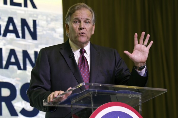 Former Rep. Mike Rogers, R-Mich., speaks at the Vision '24 conference' on March 18, 2023, in North Charleston, S.C. Rogers on Wednesday, Sept. 6, 2023 announced that he will run for Michigan's open U.S. Senate seat. (AP Photo/Meg Kinnard, File)