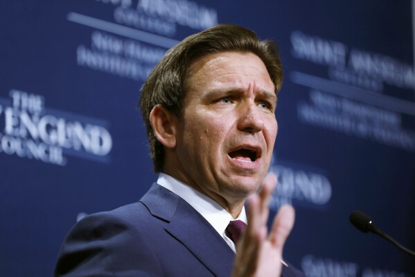 FILE - Republican Presidential candidate Florida Gov. Ron DeSantis speaks during the Politics & Eggs program at Saint Anselm College, Friday, Oct. 13, 2023, in Manchester, N.H. DeSantis will bring lawmakers back to Tallahassee for a special session to impose additional sanctions on Iran, his office said Friday, Oct. 20, 2023. (AP Photo/Michael Dwyer, File)