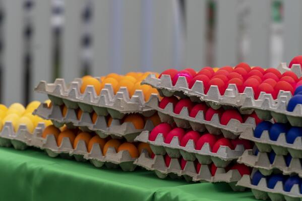 Brightly colored eggs are set on a table on the South Lawn of the White House in Washington, Monday, April 18, 2022, during the White House Easter Egg Roll. (AP Photo/Andrew Harnik)