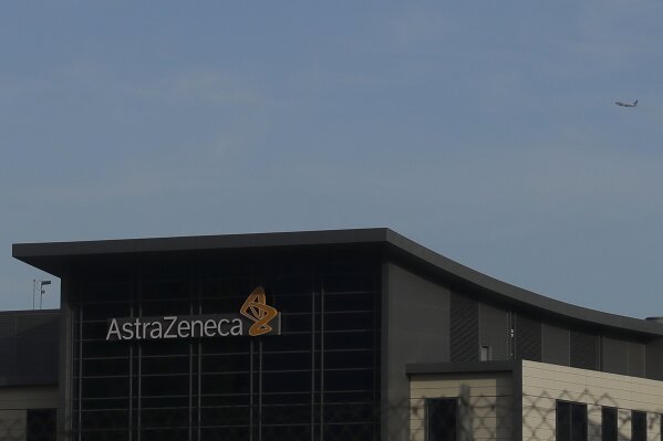 FILE - In this Thursday, Feb. 20, 2020 file photo, a view of the AstraZeneca logo, on a building, in South San Francisco, Calif. Drug maker AstraZeneca secured its first agreements Thursday, May 21, 2020 for 400 million doses of a COVID-19 vaccine, bolstered by an investment from the U.S. vaccine agency. (AP Photo/Jeff Chiu, File)