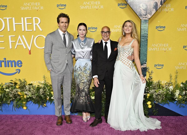 Ryan Reynolds, left, Emily Blunt, Stanley Tucci and Blake Lively attend the special screening of "Another Simple Favor" at Jazz at Lincoln Square on Sunday, April 27, 2025, in New York. (Photo by Evan Agostini/Invision/AP)