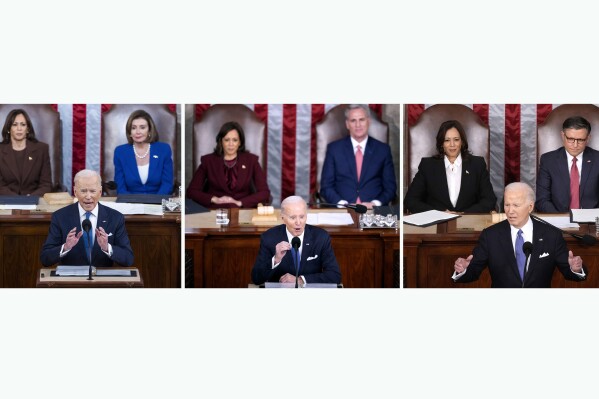 This combination of photos shows President Joe Biden with Vice President Kamala Harris, left, during three State of the Union addresses. Pictured at right in each photo are House Speakers Nancy Pelosi, D-Calif., on March 1, 2022, Kevin McCarthy, R-Calif., on Feb. 7, 2023, and Mike Johnson, R-La., on March 7, 2024. (AP Photo)