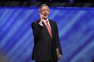 FILE - In this Sunday, June 28, 2020 file photo, Senior Pastor Dr. Robert Jeffress addresses attendees before Vice President Mike Pence speaks at the Southern Baptist megachurch First Baptist Dallas during a Celebrate Freedom Rally in Dallas. Jeffress’ church is affiliated with the Southern Baptist Convention, the nation’s largest Protestant denomination. Its leadership adopted a stringent anti-abortion stance nearly 40 years ago that remains in place. (AP Photo/Tony Gutierrez)