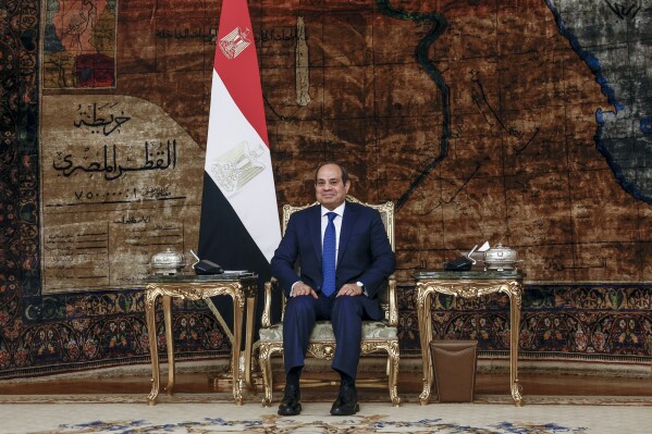 Egypt's President Abdel Fattah El-Sisi looks on during a meeting with U.S. Secretary of State Antony Blinken in Cairo, Egypt, Thursday Jan. 11, 2024. (Evelyn Hockstein/Pool via AP)