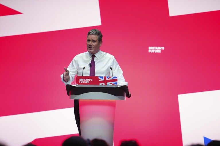  Britain's opposition Labour Party leader Keir Starmer delivers his keynote speech at the Labour Party conference in Liverpool, England, Tuesday, Oct. 10, 2023.  (AP Photo/Jon Super, File)