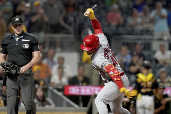 St. Louis Cardinals' Willson Contreras reacts after striking out with the bases loaded against the Pittsburgh Pirates in the seventh inning of a baseball game in Pittsburgh, Tuesday, Aug. 22, 2023. Contreras and manager Oliver Marmol were ejected from the game for arguing balls and strikes. (AP Photo/Matt Freed)