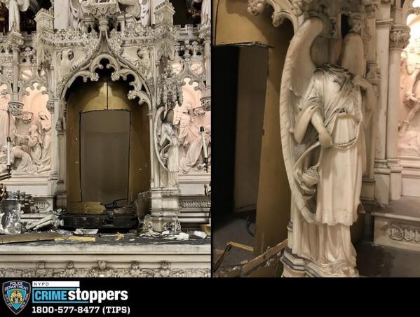 This image provided by the New York City Police Department shows a missing tabernacle and damaged angel statue in St. Augustine's Roman Catholic Church in Brooklyn’s Park Slope neighborhood in New York, which was stolen between Thursday, May 26, 2022 and Saturday, May 28, 2022. The tabernacle, a box containing Holy Communion items, was made of 18-carat gold and decorated with jewels, police and the diocese said. It’s valued at $2 million. (NYPD via AP)