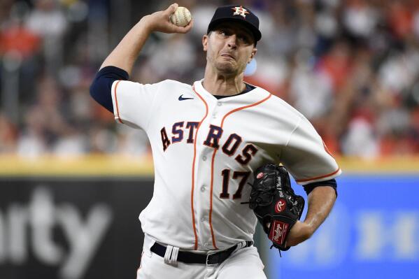 Houston Astros starting pitcher Jake Odorizzi delivers during the first inning of baseball game against the Oakland Athletics, Saturday, Oct. 2, 2021, in Houston. (AP Photo/Eric Christian Smith)