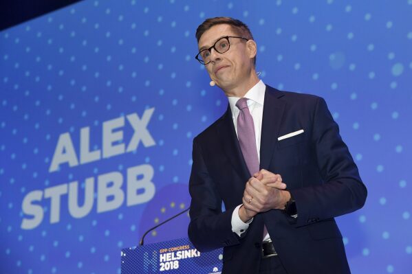 FILE - Alexander Stubb of Finland delivers a speech at the European People's Party (EPP) congress in Helsinki, Finland, Thursday Nov. 8, 2018. Stubb, who headed the Finnish government 2014-2015, and later was foreign minister, said Tuesday, Aug. 15, 2023 he was “both honored and thankful for the trust bestowed upon me” that the Nordic country’s present Prime Minister Petteri Opo and Finland’s conservative National Coalition Party has asked him to run. The two-leg Finnish presidential elections are held in January and February 2023.(Markku Ulander/Lehtikuva via AP, file)