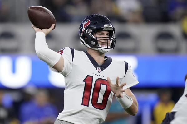 Houston Texans quarterback Davis Mills throws against the Los Angeles Rams during the first half of a preseason NFL football game Friday, Aug. 19, 2022, in Inglewood, Calif. (AP Photo/Jae C. Hong)