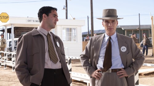 This image released by Universal Pictures shows Benny Safdie as Edward Teller, left, and Cillian Murphy as J. Robert Oppenheimer in a scene from "Oppenheimer." (Melinda Sue Gordon/Universal Pictures via AP)