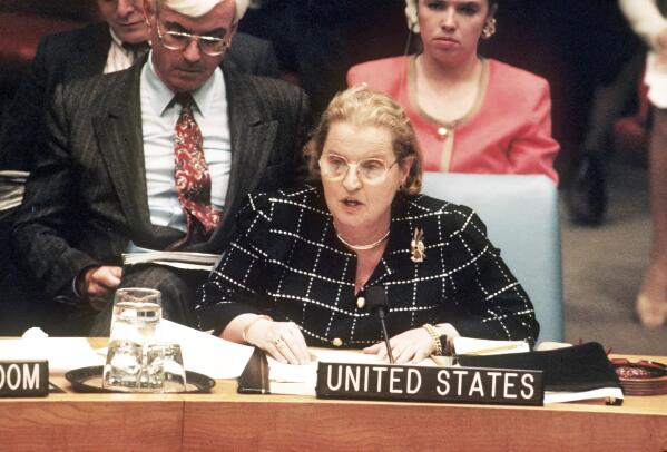 FILE - U.S. ambassador Madeleine Albright speaks to the Security Council on May 7, 1994. (AP Photo/Marty Lederhandler, File)