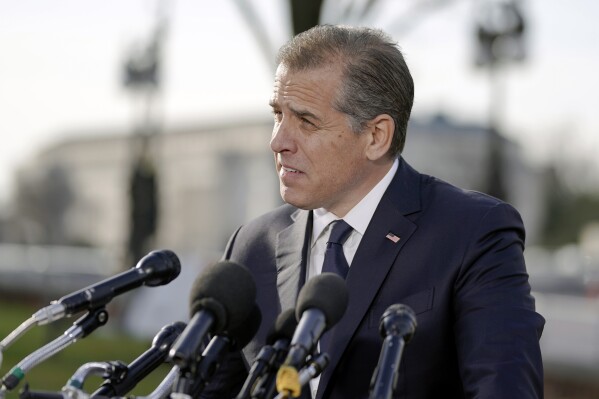 FILE - Hunter Biden, son of President Joe Biden, speaks during a news conference outside the U.S. Capitol, Dec. 13, 2023, in Washington. Hunter Biden's lawyers say claims made by a former FBI informant charged with fabricating a bribery scheme involving the presidential family may have tainted the case against the president's son.(AP Photo/Mariam Zuhaib, File)