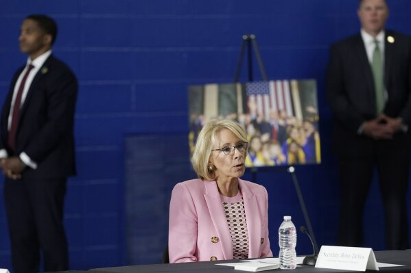 Education Secretary Betsy DeVos participates in a roundtable event at Waukesha STEM Academy Tuesday, June 23, 2020, in Waukesha, Wis. (AP Photo/Morry Gash)
