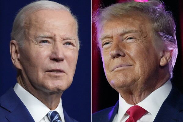 In this combination of photos, President Joe Biden speaks on Aug. 10, 2023, in Salt Lake City, left, and former President Donald Trump speaks on July 8, 2023, in Las Vegas. (AP Photo)