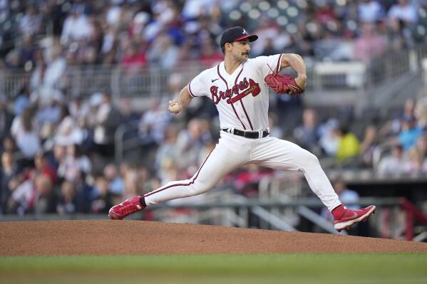 Atlanta Braves starting pitcher Spencer Strider, delivers in the first inning of a baseball game against the Miami Marlins, Monday, April 24, 2023, in Atlanta. (AP Photo/Brynn Anderson)