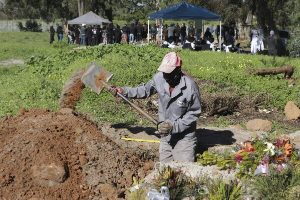 A gravedigger works in the COVID-19 section of the Maitland Cemetary in Cape Town, South Africa, Wednesday, July 15, 2020 as a burial takes place in the background. South Africa has surpassed the UK in its number of confirmed coronavirus cases and now has the world's eighth-highest number of confirmed cases at 298,292, which is nearly half of all the confirmed cases on the African continent. (AP Photo/Nardus Engelbrecht)