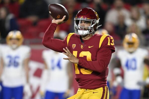 Southern California quarterback Caleb Williams throws a pass against California during the first quarter of an NCAA college football game Saturday, Nov. 5, 2022, in Los Angeles. (AP Photo/John McCoy)