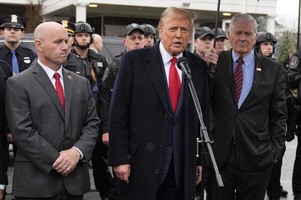 Former President Donald Trump speaks during a news conference after attending the wake of New York City police officer Jonathan Diller, Thursday, March 28, 2024, in Massapequa Park, N.Y. Diller was shot and killed Monday during a traffic stop, the city's mayor said. It marked the first slaying of an NYPD officer in two years. (AP Photo/Frank Franklin II)