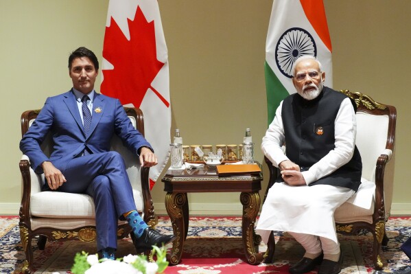 FILE - Prime Minister Justin Trudeau takes part in a bilateral meeting with Indian Prime Minister Narendra Modi during the G20 Summit in New Delhi, India on Sunday, Sept. 10, 2023. The Biden administration is nervously watching a dispute between Canada and India, with some officials concerned it could upend the U.S. strategy toward the Indo-Pacific that is directed at blunting China’s influence there and elsewhere. (Sean Kilpatrick/The Canadian Press via AP, File)