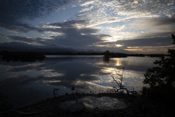 FILE - Clouds are reflected in the water at the Jobos Bay National Estuarine Research Reserve in Salinas, Puerto Rico, Tuesday, May 3, 2022. Three men have been indicted as part of an ongoing federal investigation into environmental crimes committed on protected land in southern Puerto Rico, authorities announced Thursday, Dec. 7, 2023. Two of the men are accused of dumping fill material into the waters and wetlands of the Jobos Bay National Estuarine Research Reserve in the southern town of Salinas from June 2018 to December 2023, according to the U.S. Attorney’s Office.. (AP Photo/Carlos Giusti, File)