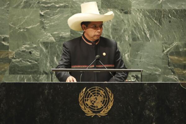 El presidente del Perú, Pedro Castillo, habla ante la Asamblea General de la ONU el martes 21 de septiembre del 2021. (Spencer Platt/Pool Photo via AP)