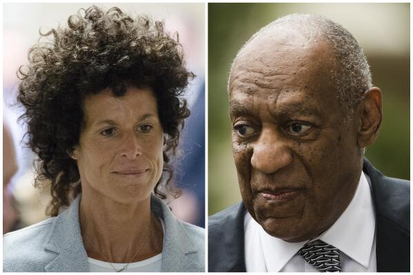 FILE - This combination of file photos shows Andrea Constand, left, walking to the courtroom during Bill Cosby's sexual assault trial June 6, 2017, at the Montgomery County Courthouse in Norristown, Pa.; and Bill Cosby, right, arriving for his sexual assault trial June 16, 2017, at the Montgomery County Courthouse in Norristown. Constand has penned a memoir out Tuesday, Sept. 7, 2021, that offers a view from her seat at the center of the high-profile #MeToo case. “The Moment” debuts amid a stunning turn of events in the case. Prosecutors must decide this month whether to ask the U.S. Supreme Court to reverse a decision that freed Cosby in June after nearly three years in prison (AP Photo/Matt Rourke, File)