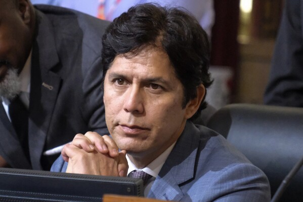 FILE - Los Angeles City Council member Kevin de Leon sits in chamber before starting the council meeting on Oct. 11, 2022 in Los Angeles. The disgraced Los Angeles councilman who was entangled in a City Hall racism scandal but resisted President Joe Biden's calls for his resignation said Wednesday, Sept. 20, 2023, that he's running for reelection. (AP Photo/Ringo H.W. Chiu, File)