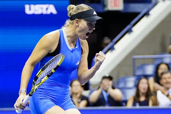 Caroline Wozniacki, of Denmark, reacts during a match against Petra Kvitova, of the Czech Republic, at the second round of the U.S. Open tennis championships, Wednesday, Aug. 30, 2023, in New York. (AP Photo/Frank Franklin II)