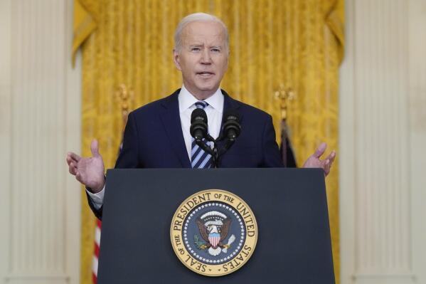 President Joe Biden speaks about the Russian invasion of Ukraine in the East Room of the White House, Thursday, Feb. 24, 2022, in Washington. (AP Photo/Alex Brandon)