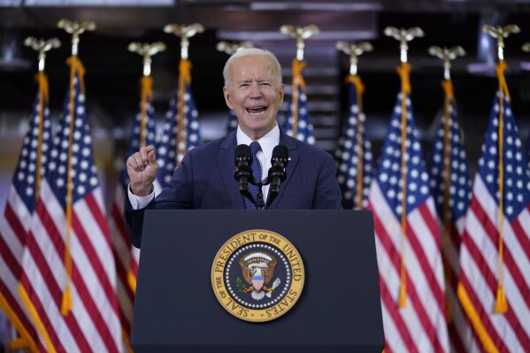 President Joe Biden delivers a speech on infrastructure spending at Carpenters Pittsburgh Training Center, Wednesday, March 31, 2021, in Pittsburgh. (AP Photo/Evan Vucci)