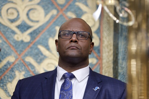 Michigan House Speaker Joe Tate, D-Detroit, waits before the State of the State address, Jan. 24, 2024, at the Capitol in Lansing, Mich. (AP Photo/Al Goldis, File)