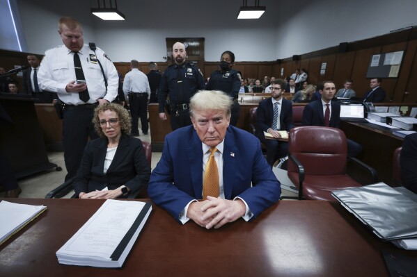 Former President Donald Trump and attorney Susan Necheles attend his trial at the Manhattan Criminal court, Tuesday, May 7, 2024, in New York. (Win McNamee/Pool Photo via AP)