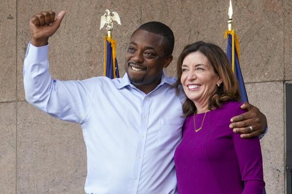 State Sen. Brian Benjamin embraces Gov. Kathy Hochul during an event in the Harlem neighborhood of New York, Thursday, Aug. 26, 2021, in New York. Hochul has selected Benjamin as her choice for lieutenant governor. (AP Photo/Mary Altaffer)