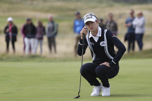 United States' Nelly Korda waits on the 4th green to putt during the second round of the Women's British Open golf championship, in Carnoustie, Scotland, Friday, Aug. 20, 2021. (AP Photo/Scott Heppell)