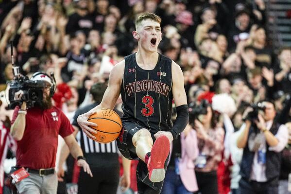 Wisconsin's Connor Essegian (3) celebrates Wisconsin's win over Michigan in an NCAA college basketball game Tuesday, Feb. 14, 2023, in Madison, Wis. (AP Photo/Andy Manis)