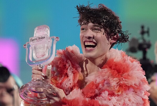 Nemo of Switzerland, who performed the song The Code, celebrates after winning the Grand Final of the Eurovision Song Contest in Malmo, Sweden, on May 12, 2024. (AP Photo/Martin Meissner, File)
