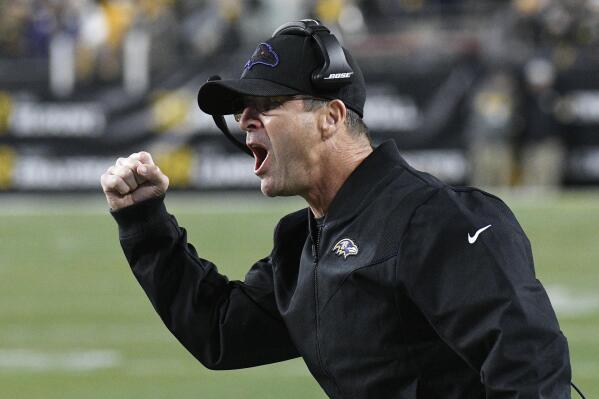 Baltimore Ravens head coach John Harbaugh celebrates after tight end Mark Andrews made a catch near the goal line against the Pittsburgh Steelers during the first half of an NFL football game, Sunday, Dec. 5, 2021, in Pittsburgh. (AP Photo/Don Wright)