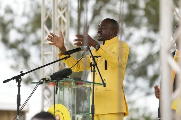 Leader of the opposition CCC party Nelson Chamisa addresses supporters at the party's launch rally in Harare, Zimbabwe, Sunday, Feb 20, 2022. Zimbabwe’s main opposition party went to court Saturday, July 8, 2023 to challenge a police decision to ban it holding a rally in the buildup to what will be highly scrutinized elections next month. The opposition Citizens Coalition for Change party has been told it cannot hold the gathering in the town of Bindura north of the capital Harare on Sunday. (AP Photo/Tsvangirayi Mukwazhi, File)